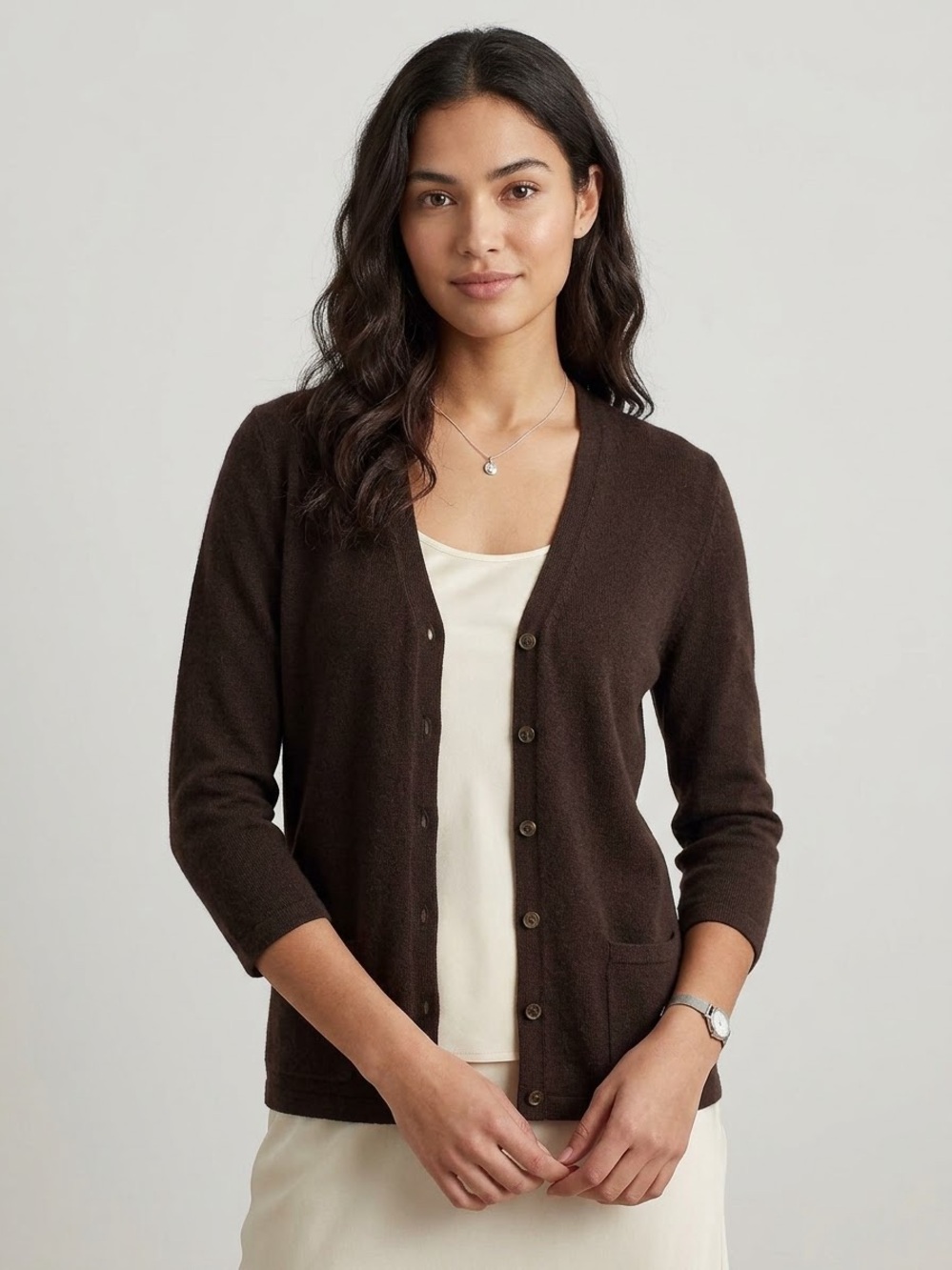 Lauren Ralph Lauren Silk Blend V-Neck Cardigan Knit Sweater Front Pockets preppy